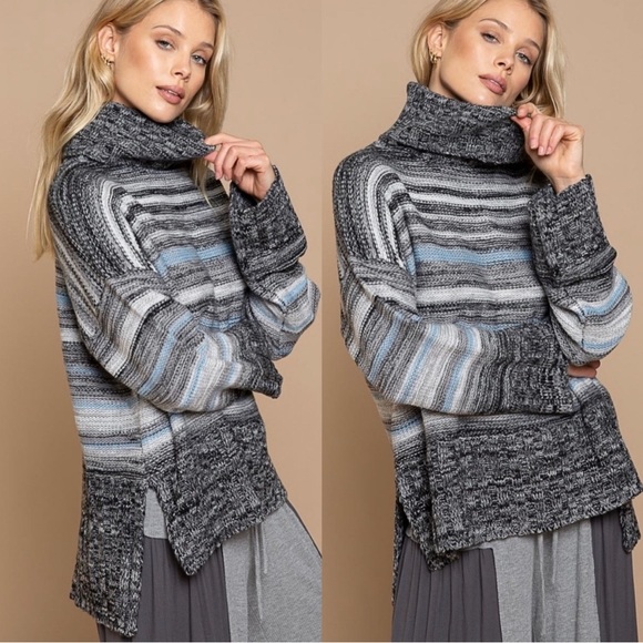 POL Cozy Luxe Heather Grey Striped Turtleneck Sweater Casual Chic Essential - Picture 4 of 7